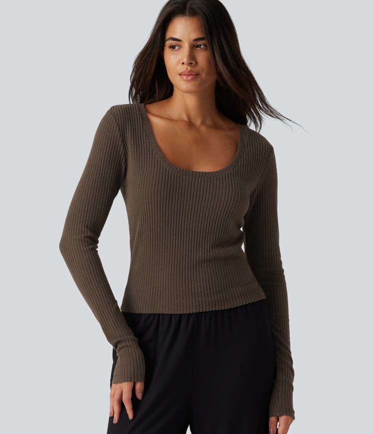 Ribbed Knit U Neck Long Sleeve Lounging Top