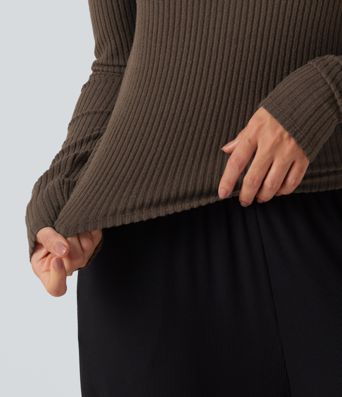 Ribbed Knit U Neck Long Sleeve Lounging Top