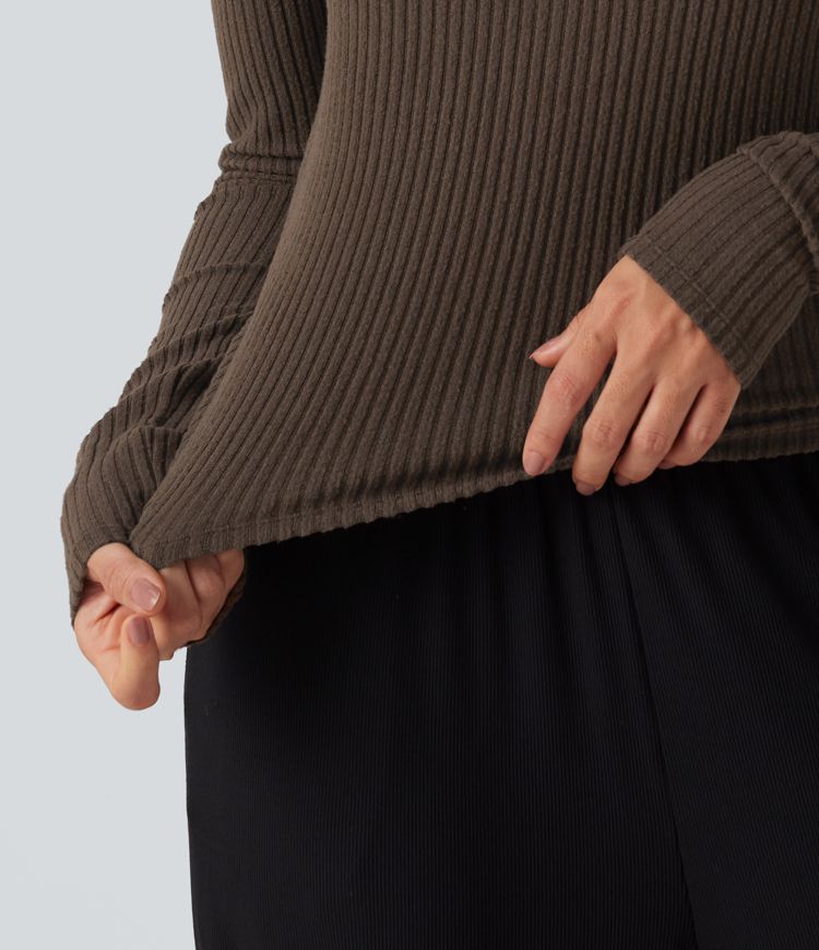 Ribbed Knit U Neck Long Sleeve Lounging Top