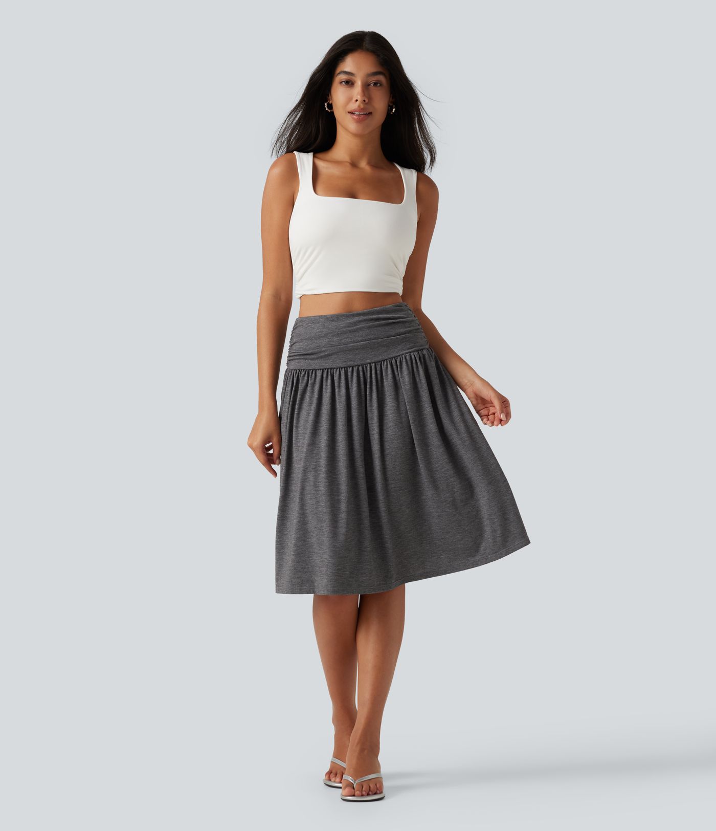 High Waisted Ruched Flowy Midi Casual Skirt with Pockets