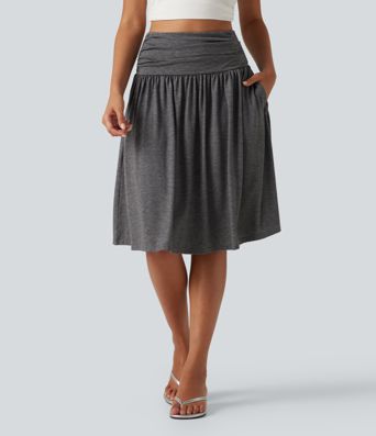 High Waisted Ruched Flowy Midi Casual Skirt with Pockets