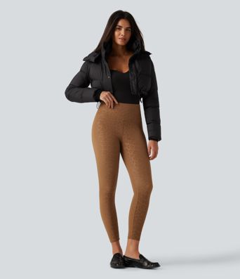 High Waisted Tummy Control Stretchy PU Leopard Print Fleece Casual Leggings with Pockets