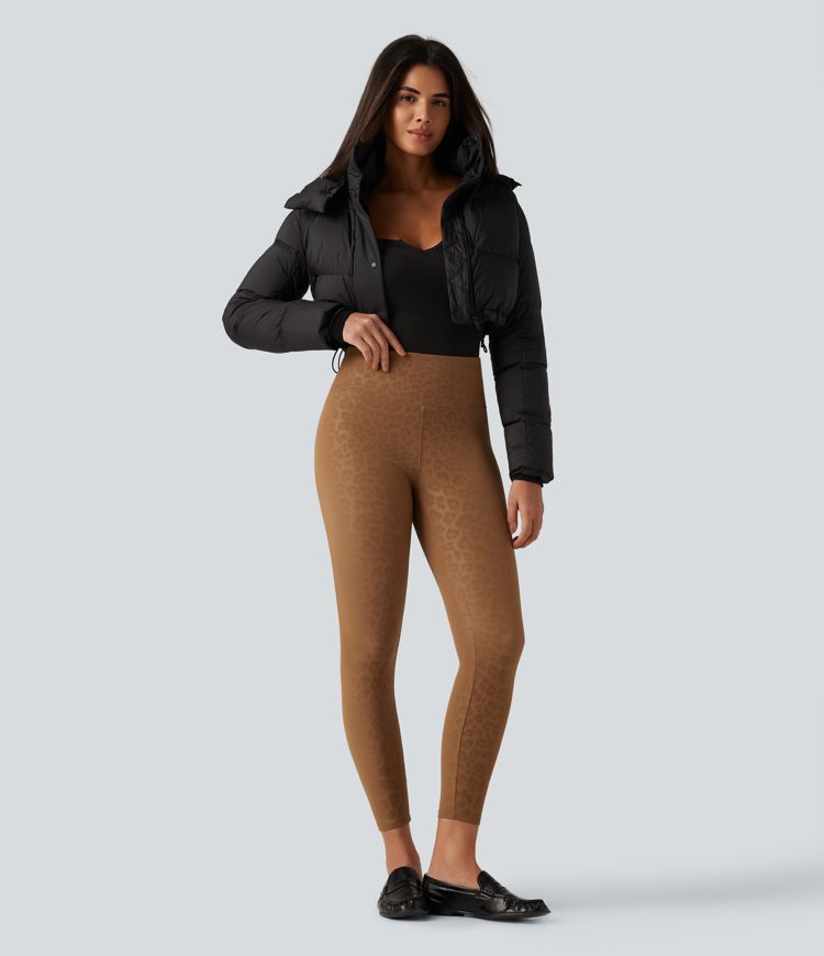 High Waisted Tummy Control Stretchy PU Leopard Print Fleece Casual Leggings with Pockets