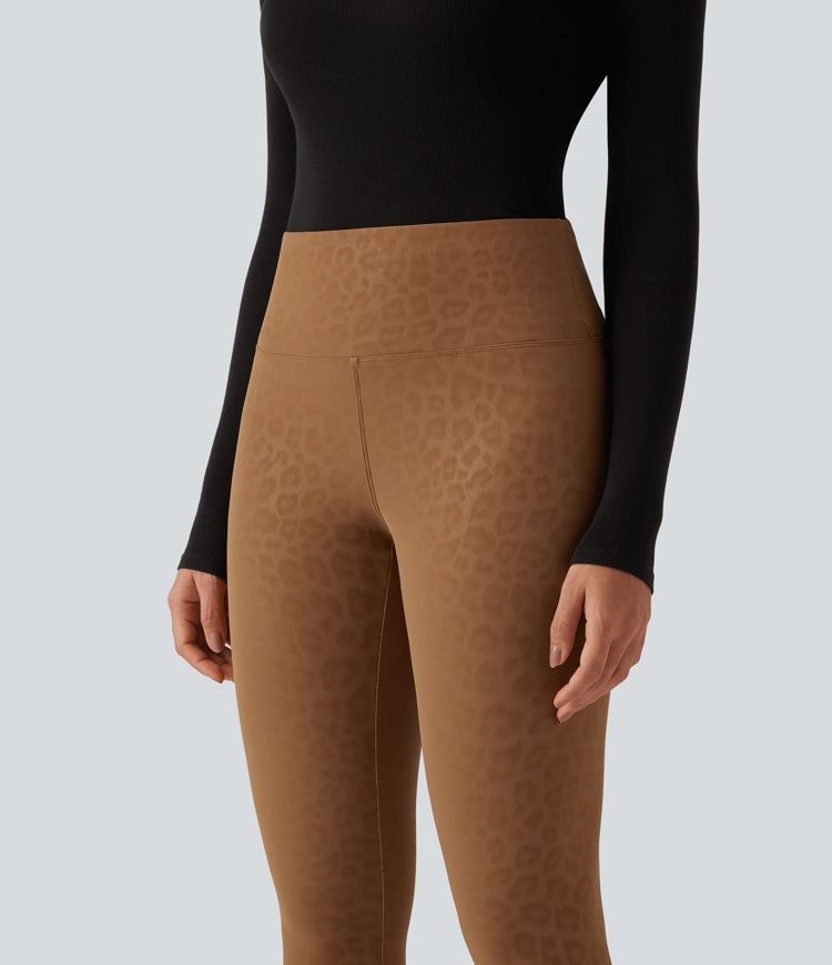 High Waisted Tummy Control Stretchy PU Leopard Print Fleece Casual Leggings with Pockets