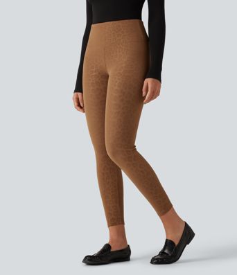 High Waisted Tummy Control Stretchy PU Leopard Print Fleece Casual Leggings with Pockets
