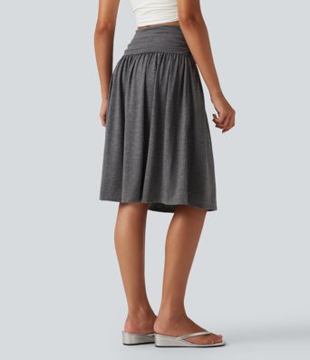 High Waisted Ruched Flowy Midi Casual Skirt with Pockets