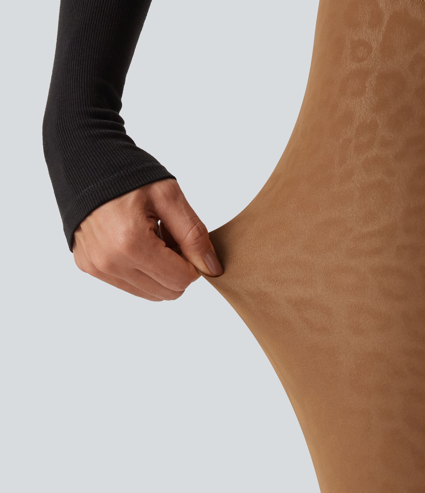 High Waisted Tummy Control Stretchy PU Leopard Print Fleece Casual Leggings with Pockets