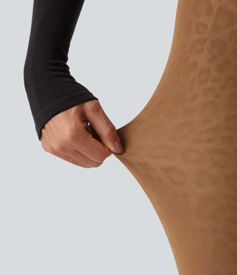 High Waisted Tummy Control Stretchy PU Leopard Print Fleece Casual Leggings with Pockets