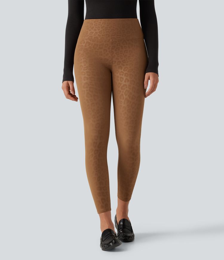 Leggings casual de talle alto con control del abdomen, elásticos, en PU con estampado de leopardo, forrados en forro polar y con bolsillos Leggings casual de talle alto con control del abdomen, elásticos, en PU con estampado de leopardo, forrados en forro polar y con bolsillos