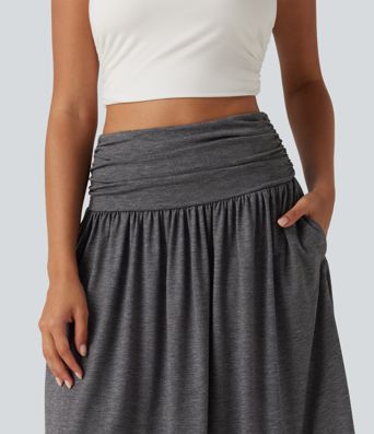 High Waisted Ruched Flowy Midi Casual Skirt with Pockets