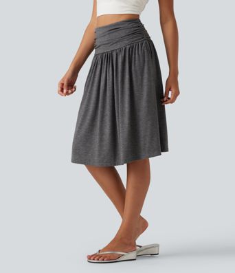 High Waisted Ruched Flowy Midi Casual Skirt with Pockets