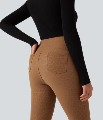 High Waisted Tummy Control Stretchy PU Leopard Print Fleece Casual Leggings with Pockets