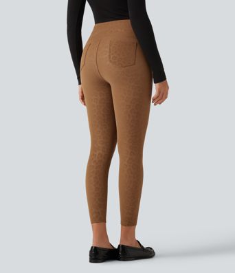 High Waisted Tummy Control Stretchy PU Leopard Print Fleece Casual Leggings with Pockets
