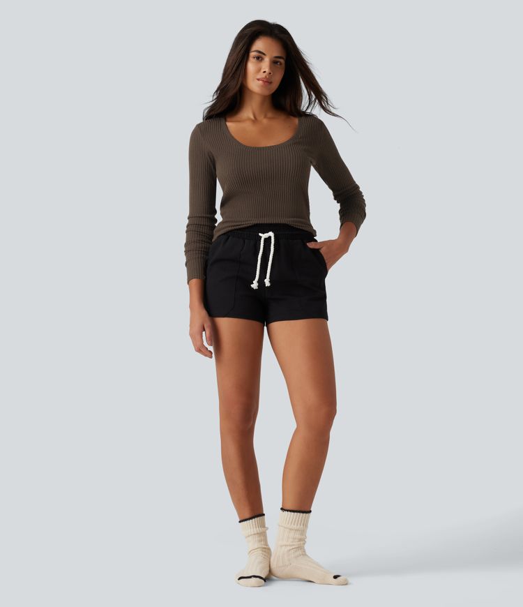 Ribbed Knit U Neck Long Sleeve Lounging Top