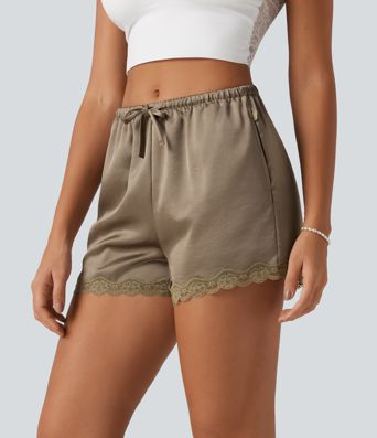 Short en satin 8 cm taille mi-haute à cordon avec dentelle contrastée et poches Short en satin 8 cm taille mi-haute à cordon avec dentelle contrastée et poches