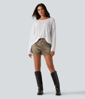Short en satin 8 cm taille mi-haute à cordon avec dentelle contrastée et poches Short en satin 8 cm taille mi-haute à cordon avec dentelle contrastée et poches