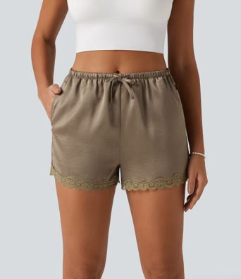 Short en satin 8 cm taille mi-haute à cordon avec dentelle contrastée et poches Short en satin 8 cm taille mi-haute à cordon avec dentelle contrastée et poches