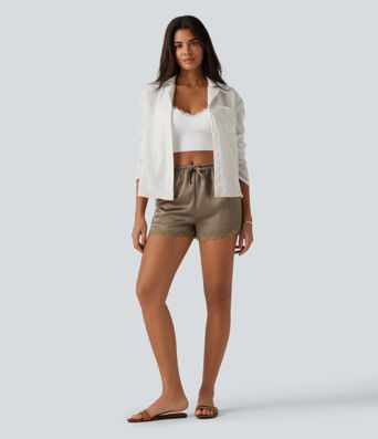 Short en satin 8 cm taille mi-haute à cordon avec dentelle contrastée et poches Short en satin 8 cm taille mi-haute à cordon avec dentelle contrastée et poches