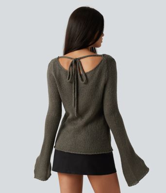 Pull en mélange de laine à encolure bateau, manches longues à volants et lien au dos