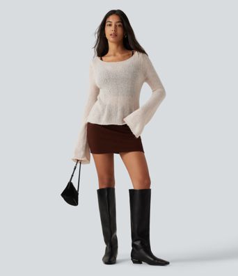 Boat Neck Flounce Long Sleeve Tie Back Casual Wool-Blend Sweater
