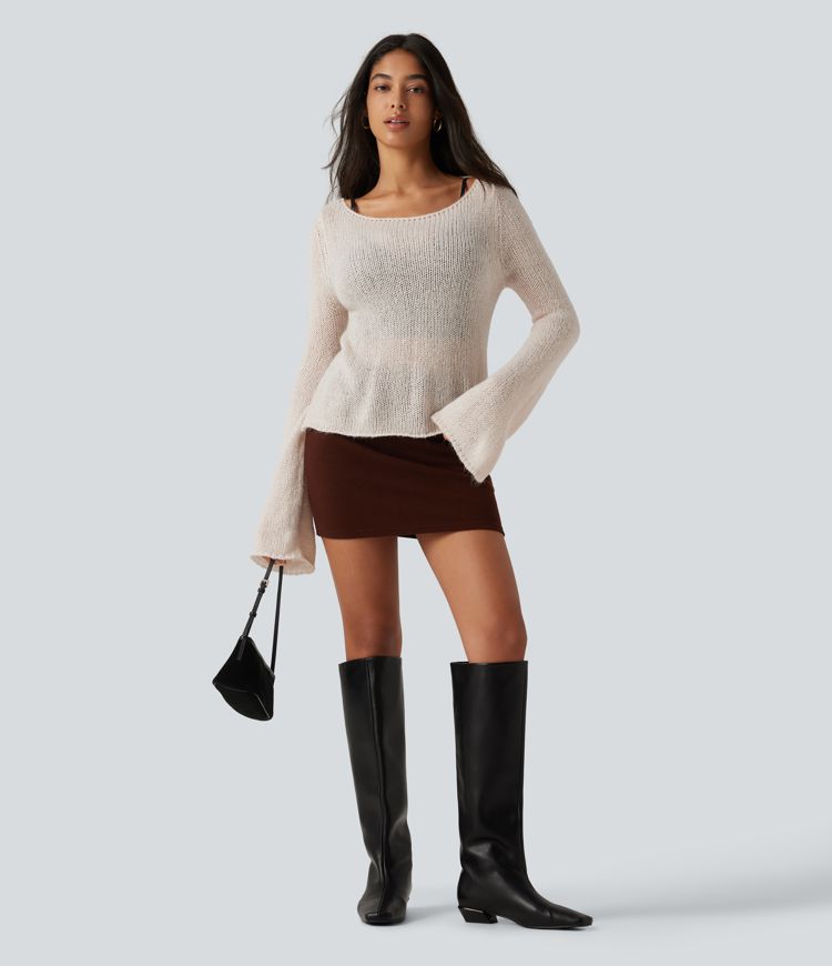 Boat Neck Flounce Long Sleeve Tie Back Casual Wool-Blend Sweater