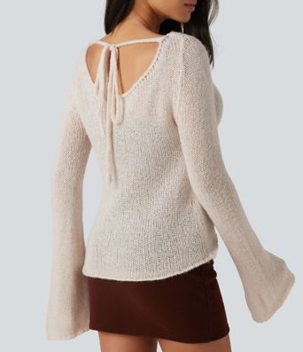Boat Neck Flounce Long Sleeve Tie Back Casual Wool-Blend Sweater
