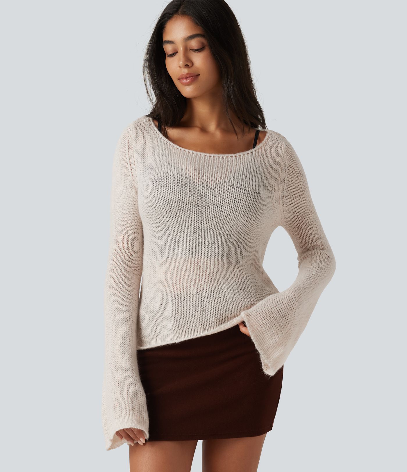 Boat Neck Flounce Long Sleeve Tie Back Casual Wool-Blend Sweater