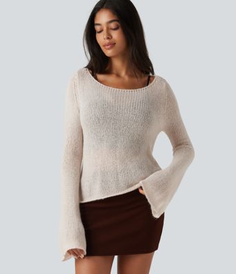 Boat Neck Flounce Long Sleeve Tie Back Casual Wool-Blend Sweater