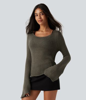 Pull en mélange de laine à encolure bateau, manches longues à volants et lien au dos