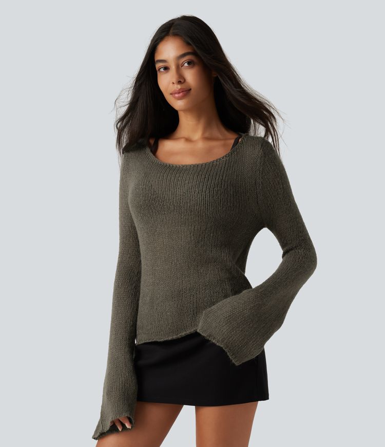 Pull en mélange de laine à encolure bateau, manches longues à volants et lien au dos