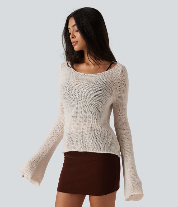 Boat Neck Flounce Long Sleeve Tie Back Casual Wool-Blend Sweater
