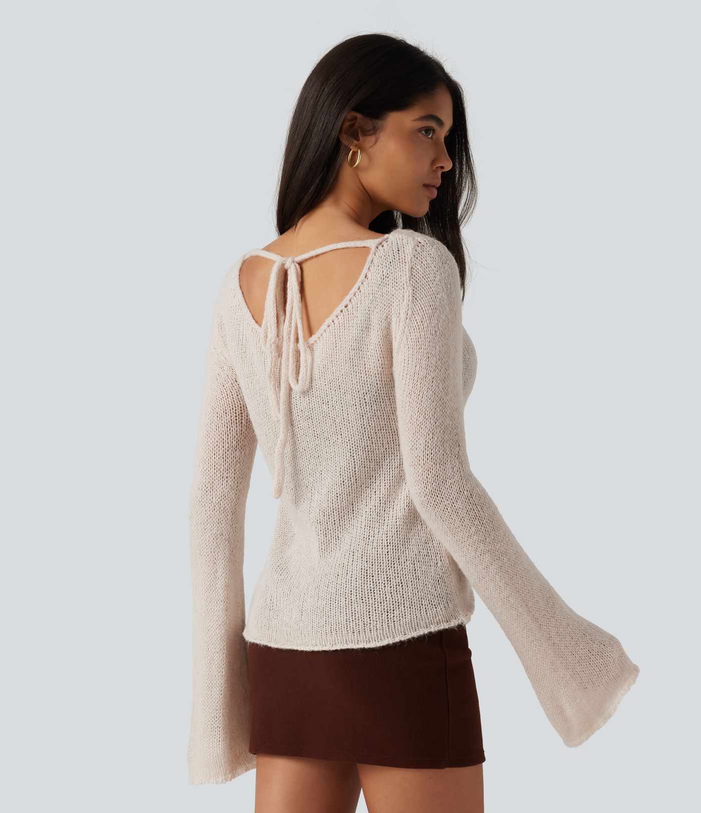 Boat Neck Flounce Long Sleeve Tie Back Casual Wool-Blend Sweater