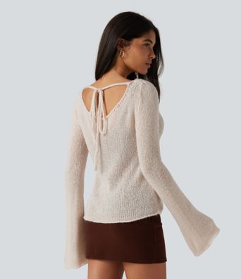 Boat Neck Flounce Long Sleeve Tie Back Casual Wool-Blend Sweater