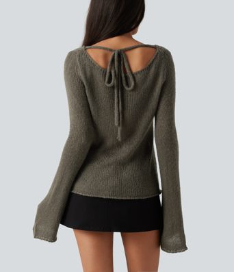 Pull en mélange de laine à encolure bateau, manches longues à volants et lien au dos