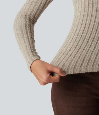 Ribbed Knit Off Shoulder Long Sleeve Built-in Bra Casual Top 