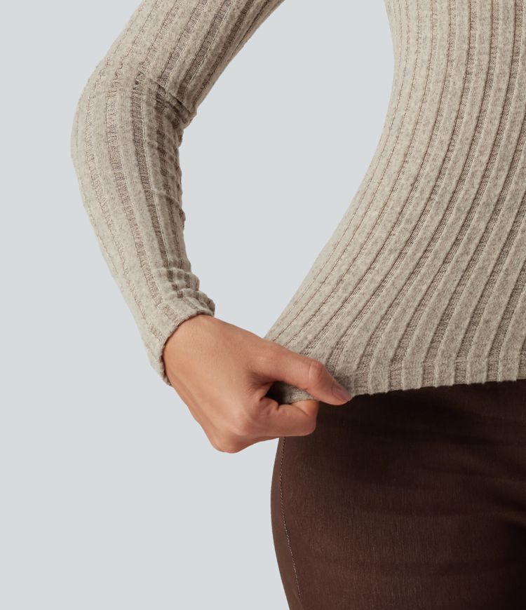 Ribbed Knit Off Shoulder Long Sleeve Built-in Bra Casual Top 