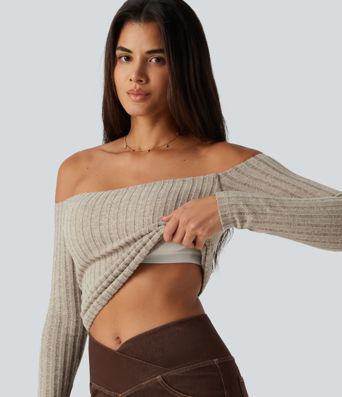 Ribbed Knit Off Shoulder Long Sleeve Built-in Bra Casual Top 