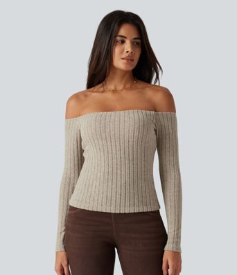Ribbed Knit Off Shoulder Long Sleeve Built-in Bra Casual Top 