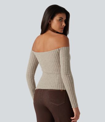 Ribbed Knit Off Shoulder Long Sleeve Built-in Bra Casual Top 