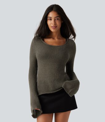 Pull en mélange de laine à encolure bateau, manches longues à volants et lien au dos