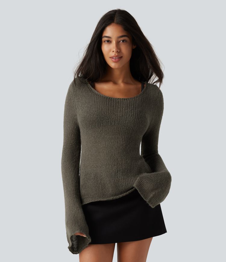 Pull en mélange de laine à encolure bateau, manches longues à volants et lien au dos