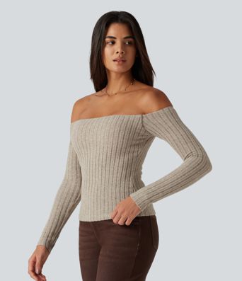 Ribbed Knit Off Shoulder Long Sleeve Built-in Bra Casual Top 