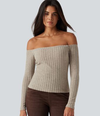 Ribbed Knit Off Shoulder Long Sleeve Built-in Bra Casual Top 
