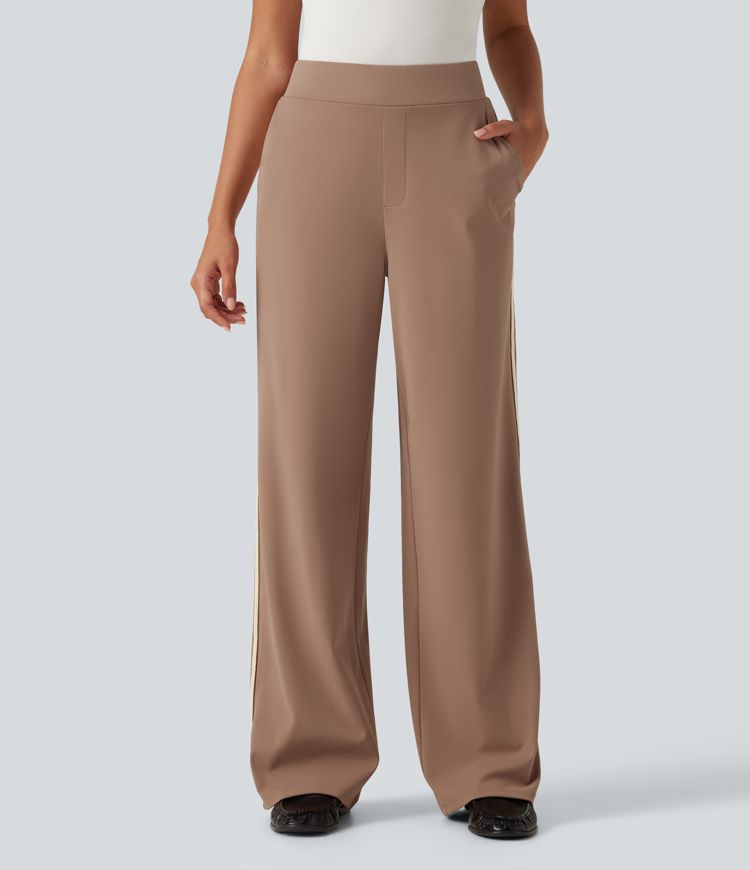DayStretch High Waisted Straight Leg Color Block Stripe Casual Pants with Pockets DayStretch High Waisted Straight Leg Color Block Stripe Casual Pants with Pockets