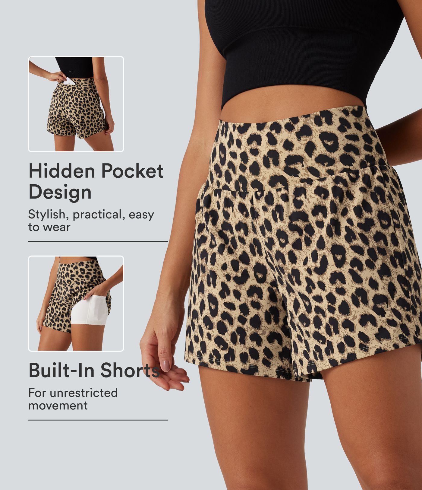 2-in-1 Yoga-Shorts mit hohem Bund, mehreren Taschen und Leopardenmuster - 12,7 cm 2-in-1 Yoga-Shorts mit hohem Bund, mehreren Taschen und Leopardenmuster - 12,7 cm
