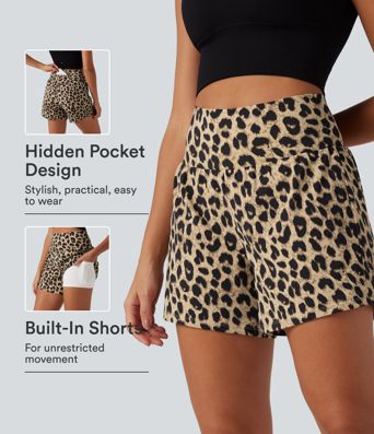 2-in-1 Yoga-Shorts mit hohem Bund, mehreren Taschen und Leopardenmuster - 12,7 cm 2-in-1 Yoga-Shorts mit hohem Bund, mehreren Taschen und Leopardenmuster - 12,7 cm