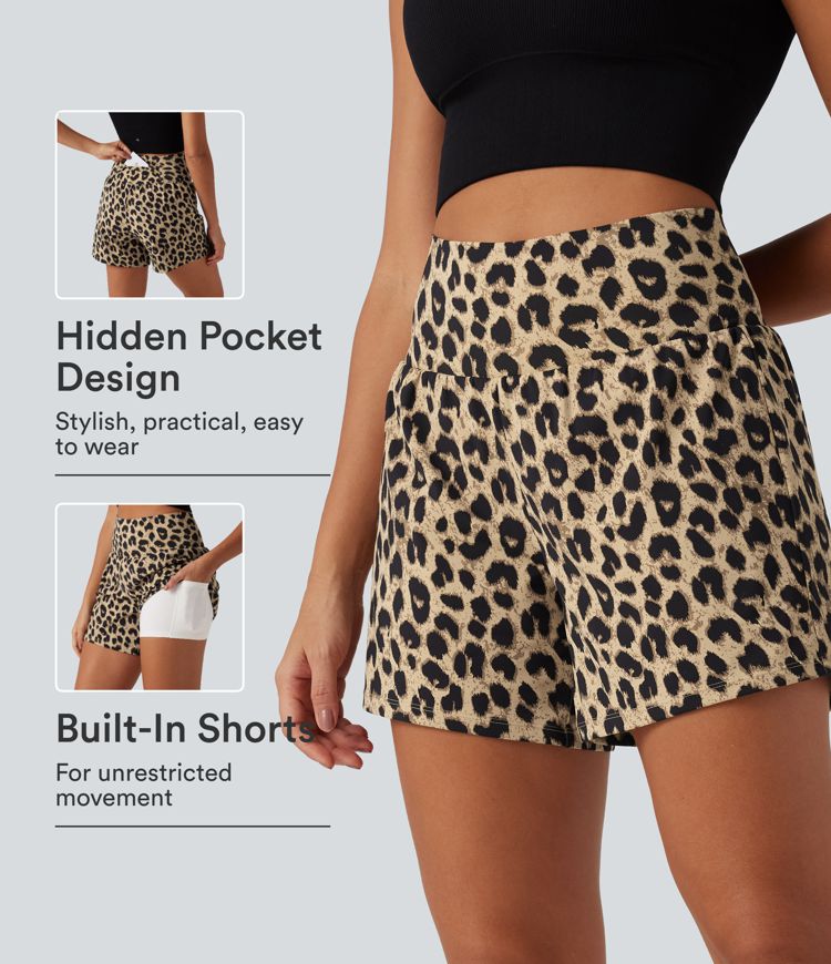 2-in-1 Yoga-Shorts mit hohem Bund, mehreren Taschen und Leopardenmuster - 12,7 cm 2-in-1 Yoga-Shorts mit hohem Bund, mehreren Taschen und Leopardenmuster - 12,7 cm