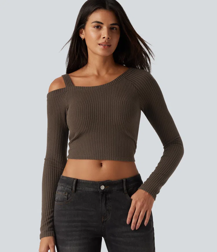 Ribbed Knit One Shoulder Built-in Bra Long Sleeve Cropped Casual Top
