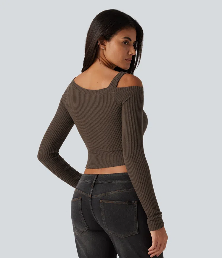 Field Brown Ribbed Knit One Shoulder Built-in Bra Long Sleeve Cropped Casual Top / 2