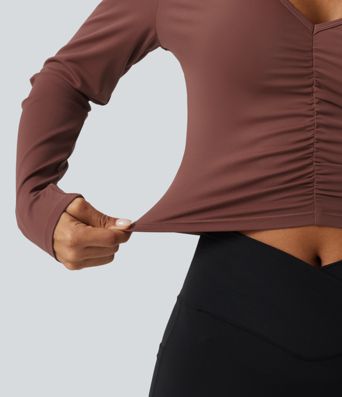 SoftlyZero™ Airy V Neck Ruched Long Sleeve Cut Out InstantCool Cropped Yoga Sports Top-UPF50+ SoftlyZero™ Airy V Neck Ruched Long Sleeve Cut Out InstantCool Cropped Yoga Sports Top-UPF50+